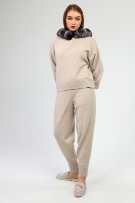 Beige, MILD Gray Chinchilla Fur Knitwear Set 