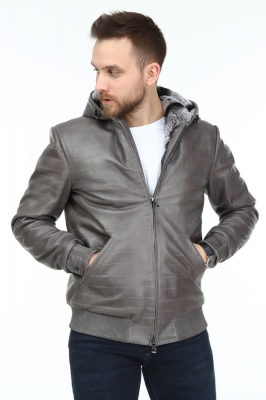 Grey, RONCHAMP Rex Rabbit Fur Men's Leather Coat