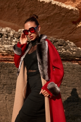 Red, ALACA Chinchilla Fur Detailed Cashmere Fabric Women's Overcoat