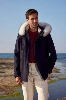 Navy Blue, LAKE Fox Fur Detailed Cashmere Men's Jacket