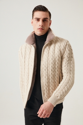 Ecru White, BRAID Rex Rabbit Fur Men's Wool Knitwear Vest