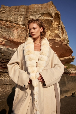 Beige, RENO Chinchilla Fur Detailed Cashmere Fabric Women's Coat