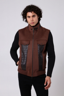 Brown, ARONE Rex Rabbit Fur Lined Cashmere Fabric Men's Vest