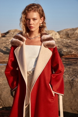 ROSSA Chinchilla Fur Collar Detailed Alpaca Fabric Women's Overcoat