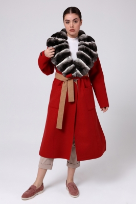 Bilgin's Arteo Chinchilla Fur Collar Detailed Alpaca Women's Overcoat