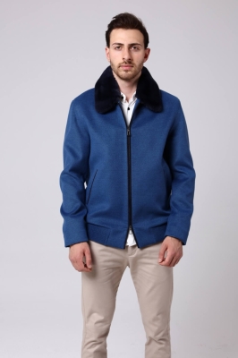 Dark Blue, FOLY Rex Rabbit Fur Collar Cashmere Men's Jacket