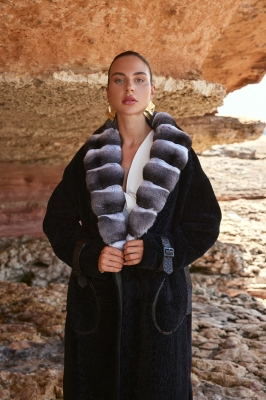 RAGA Chinchilla Fur Collar Phyton Leather Detailed Astragan Fur Women's Overcoat