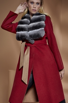 VOLENTINE Chinchilla Fur Collar Detailed Alpaca Women's Overcoat