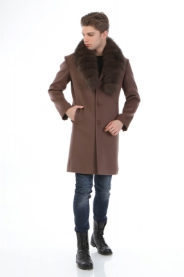 Brown, MUNTY Fox Fur Men's Cashmere Coat
