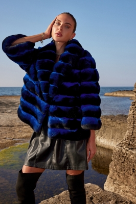 Blue, BLOMI Chinchilla Fur Women's Coat