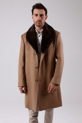 Camel, MUNTY Fox Fur Men's Cashmere Coat