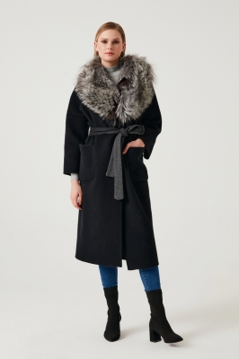 Bilgin's LOBA Silver Fox Fur Detailed Alpaca Women's Overcoat