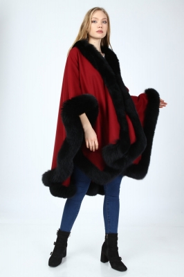 Red, POKA Fox Fur Woman Cashmere Poncho