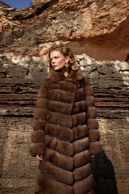 Brown, GRAFT Phyton Leather Detailed Sable Fur Women's Overcoat