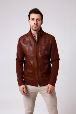 MOXA Croco Printed Genuine Leather and Knitwear Men's Jacket