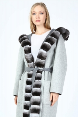 Grey, LAIWU Women's Alpaca Coat with Chinchilla Fur