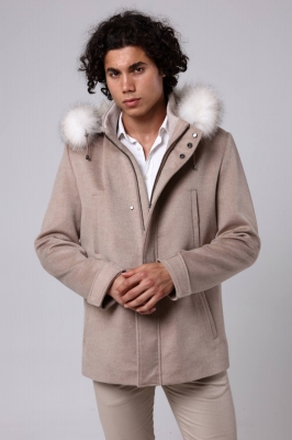 Beige, LAKE Fox Fur Detailed Cashmere Men's Jacket