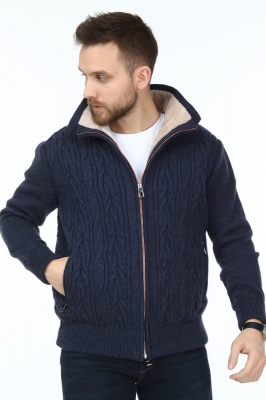 Navy Blue, MONFORT Rex Rabbit Fur Wool Knitwear Cardigan