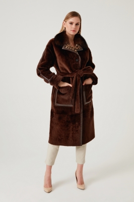 Nisa Sable Fur Collar Detailed Lamb Fur Women's Overcoat