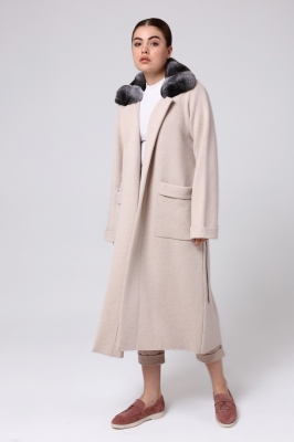 Bilgin's Klawy Chinchilla Fur Collar Detailed Knitwear Women's Overcoat
