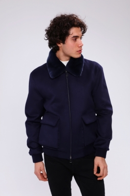 Navy Blue, DORE Rex Rabbit Fur Men's Cashmere Coat